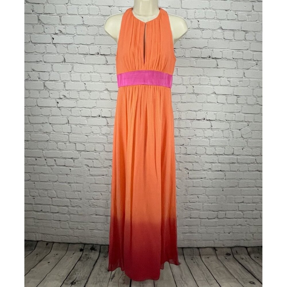 Kay Unger Orange Pink Silk Ombré Maxi Dress Gown Prom Zipped Lined Empire Size 2